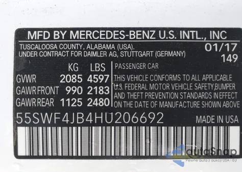 2017 Mercedes-Benz C 300 Sport z USA, uszkodzony, nr VIN 55SWF4JB4HU206692